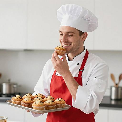 Male Chef Holding Tray of Muffins