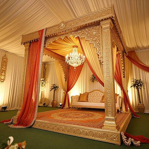 Photograph of an opulent, gold-ornate four-poster bed with red drapes, luxurious white sofa, chandelier, and intricate carpet