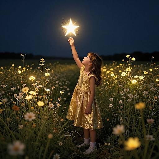 Photograph of a young girl in a gold dress, holding a glowing star-shaped light in a dark field of blooming daisies.