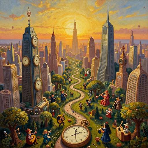 Whimsical digital illustration of a cityscape at sunset, featuring clock towers, winding path with Victorian-style characters, and colorful buildings.