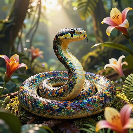 Digital art of a vibrant, iridescent snake with multicolored scales coiled in a sunlit, lush forest, surrounded by pink lilies