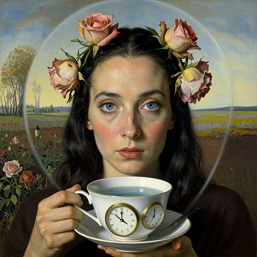 Photograph of a woman with fair skin, blue eyes, and black hair, wearing a floral crown, holding a clock tea cup, set against a
