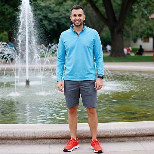 Photograph of a smiling, bearded man in a blue long-sleeve shirt, gray shorts, and red sneakers, standing in front of a