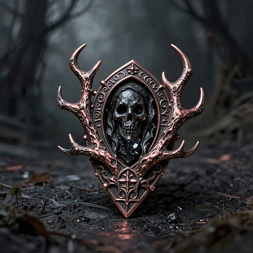 Photograph of a dark, ornate skull pendant with glowing, rose-gold antler-like horns, set in a misty, forested background