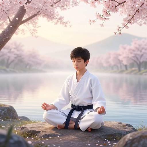 Photograph of a young Asian boy in a white karate gi, sitting cross-legged by a serene lake, surrounded by cherry blossoms.