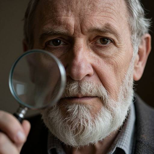 Close-up photograph of an elderly white man with a white beard, holding a magnifying glass to his face, intense expression, dark background, wearing a