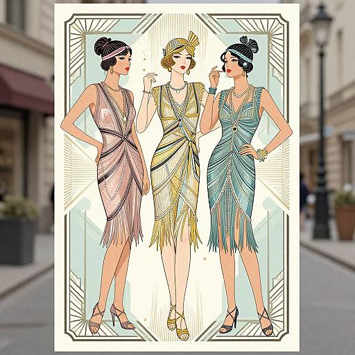 Digital illustration of three flapper-style women in elegant, fringe dresses; pink, gold, and blue, standing on a city street.