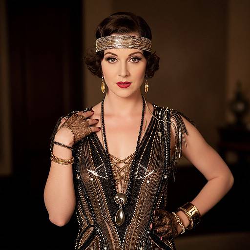 Vintage photograph of a fair-skinned woman with dark short bob, wearing a sparkly black beaded dress, headband, gold bracelets, and earrings
