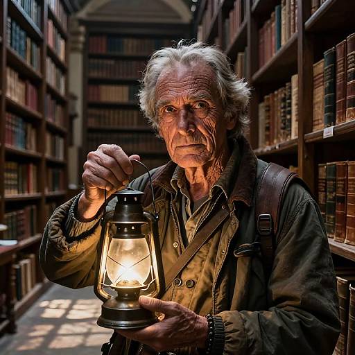 Photograph of an old man with white hair and wrinkled face, holding a glowing lantern in a dimly lit library.