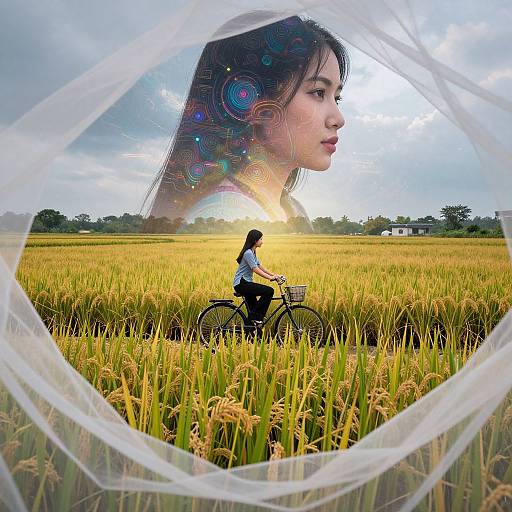 Photograph of a young Asian woman's profile superimposed over a field, with a cyclist riding a bike in the foreground. Sunlight filters through
