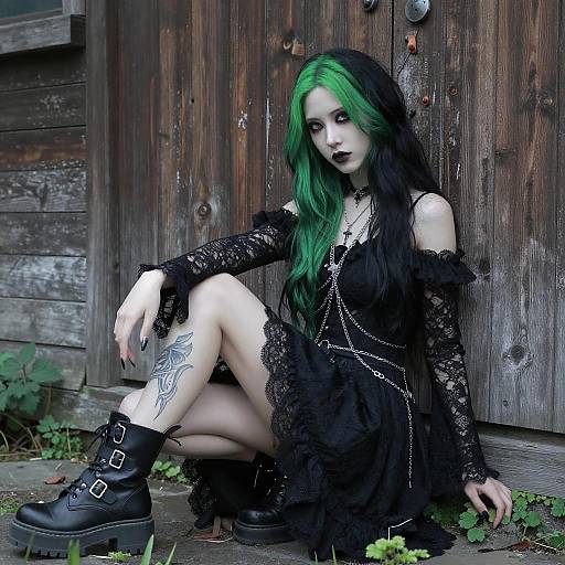 Gothic Woman with Green and Black Hair