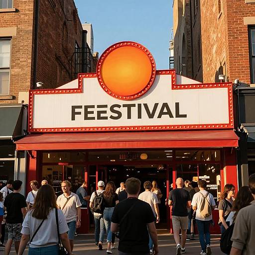 Photograph of a bustling street with a marquee sign reading 