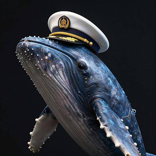 Photorealistic CGI of a blue whale wearing a white naval officer's cap with a gold emblem against a black background.