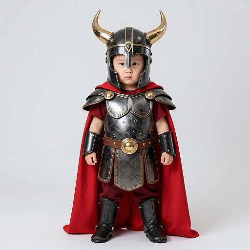 Photograph of a doll dressed as a young warrior with black armor, gold horns, red cape, and black boots.