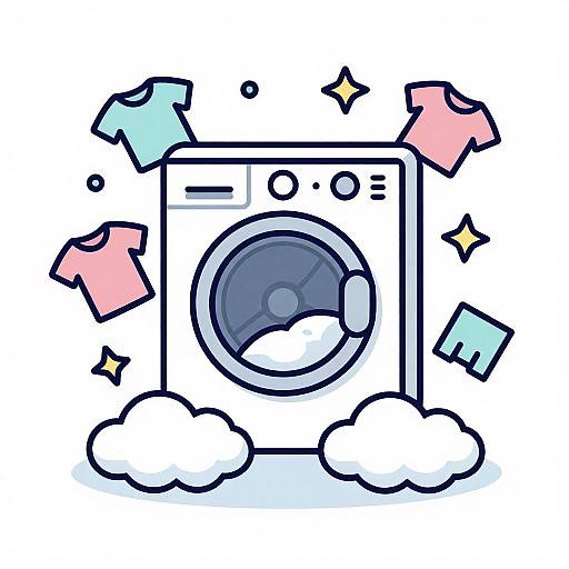 Cartoon-style illustration of a white washing machine with a circular door, surrounded by pink and blue torn clothes, sparkles, and fluffy clouds.