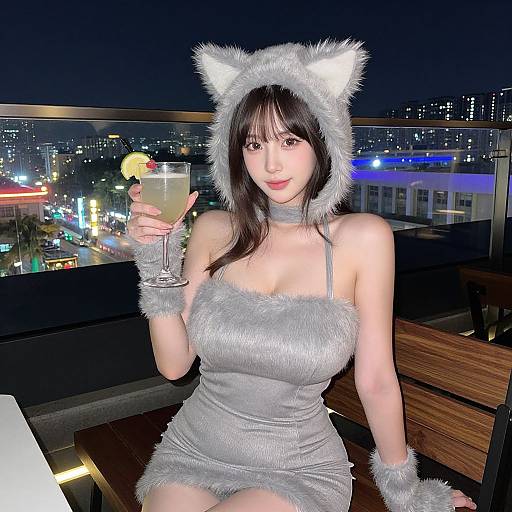 Photograph of an Asian woman in a furry cat costume, holding a champagne glass on a rooftop at night, city lights in the background.