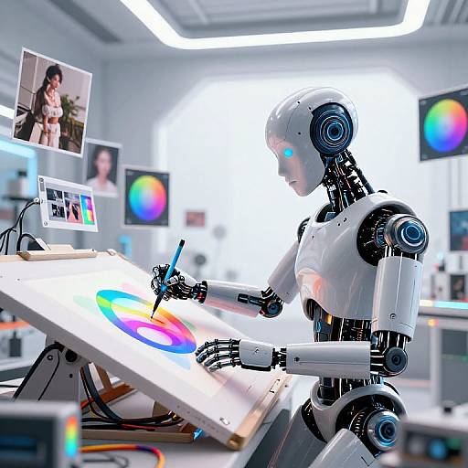 Photorealistic CGI of a white humanoid robot painting on a canvas, with colorful abstract art, photos, and monitors in background.