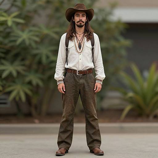Photograph of a bearded man with long hair, wearing a brown cowboy hat, white shirt, suspenders, and brown pants, standing in front