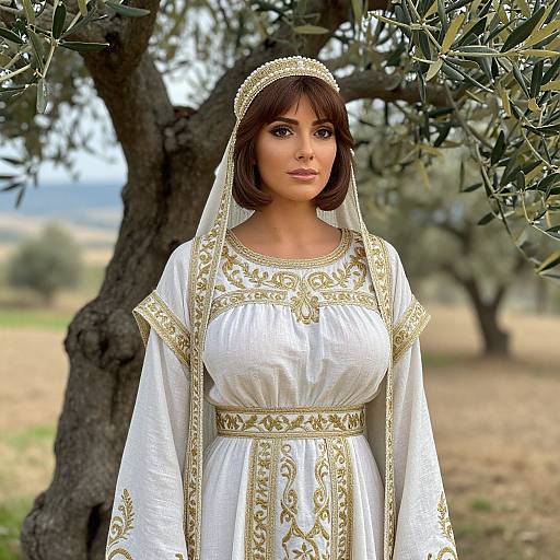 Photorealistic digital portrait of a young Middle Eastern woman with brown hair, wearing an ornate white and gold dress, standing in an olive grove