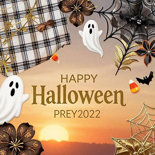 Halloween-themed digital artwork with white ghosts, orange candy, black bats, spider webs, plaid, flowers, sunset, 