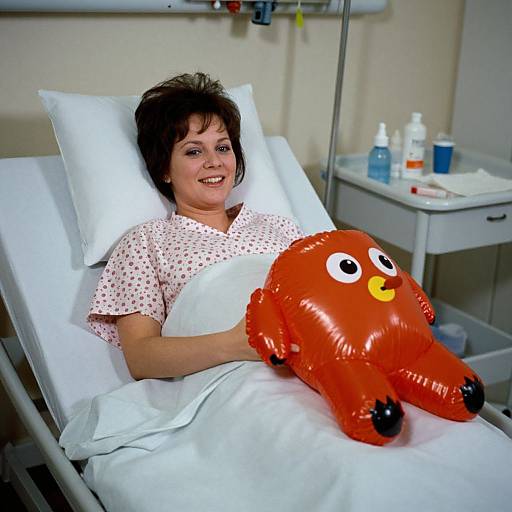 Photograph of a smiling woman with short brown hair in a hospital bed, holding a red, inflatable, cartoon octopus pillow.