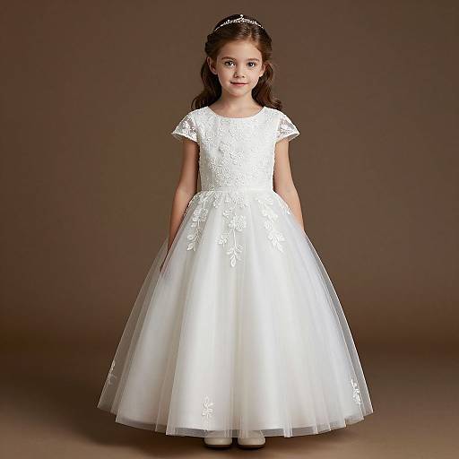 Photograph of a young girl with fair skin and brown hair, wearing a white lace and tulle wedding-style dress, standing against a brown gradient background