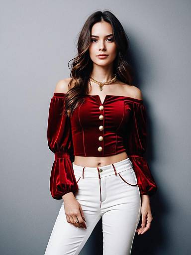 Trendy Woman in Red Velvet Off-Shoulder Top