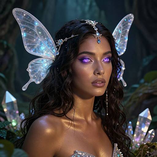 Photograph of a glowing fairy woman with dark wavy hair, purple eyes, translucent crystal wings, and a jeweled headpiece in a mystical forest
