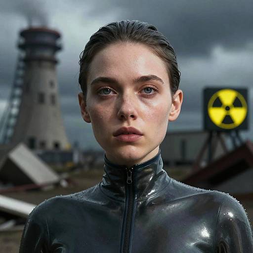Photorealistic CGI of a serious young woman with slicked-back brown hair, wearing a glossy black latex jacket, set against a stormy sky with