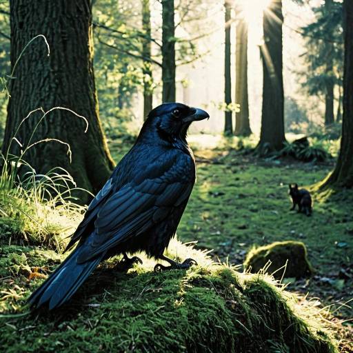 Raven perched on mossy forest ground