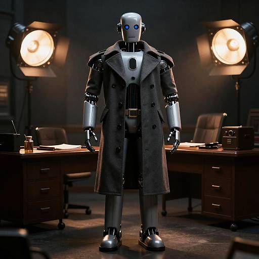 Photorealistic CGI of a silver robotic figure with blue eyes, wearing a long gray trench coat, standing in a dimly lit office with two bright