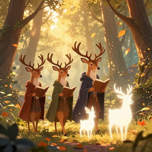Whimsical Deer Librarians in Mystical Forest