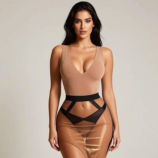 Photograph of a woman with long black hair, tan skin, and full lips, wearing a sheer, bronze V-neck bodysuit with black geometric