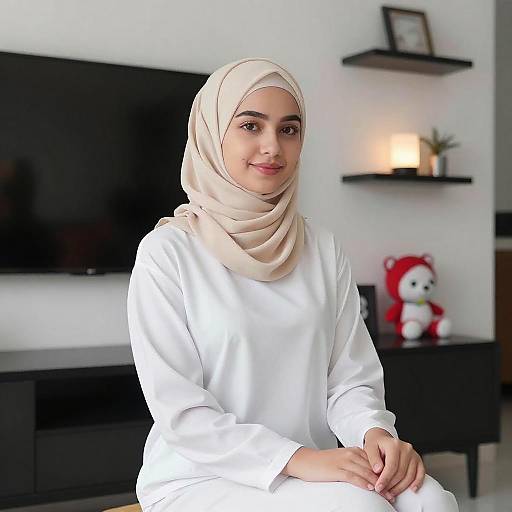 Young Woman in Beige Hijab Sitting