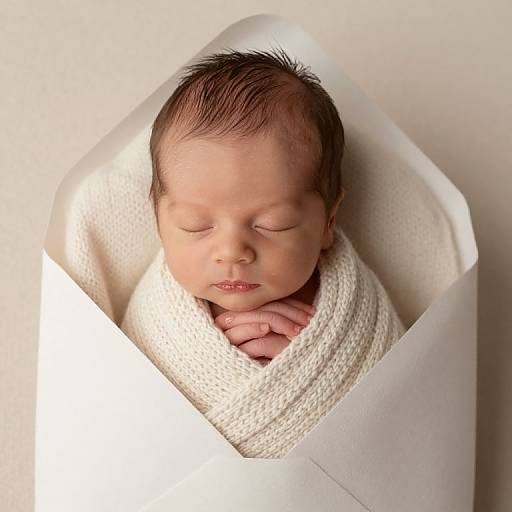 Photograph of sleeping newborn baby with closed eyes, wrapped in a white knitted blanket inside a white paper envelope. Soft lighting.
