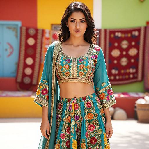 Photograph of an Indian woman with long dark hair, wearing a vibrant blue floral embroidered crop top and skirt, standing in a colorful, sunlit,