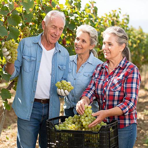 Photograph of three smiling older adults, two women and one man, in a vineyard, holding grape clusters, wearing plaid and denim shirts.