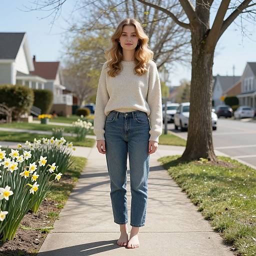 Young Woman in Sunny Suburban Spring