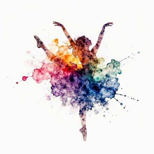 Vibrant watercolor splash of red, orange, yellow, green, blue, and purple, forming an abstract, dancing silhouette on white background.