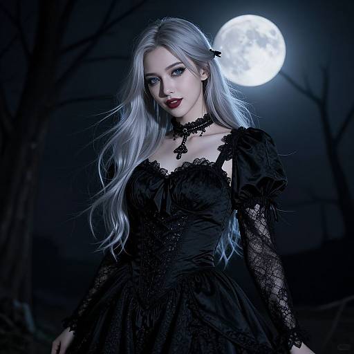 Photorealistic digital artwork of a pale-skinned, silver-haired woman in a black lace gothic dress, under a full moon, dark forest background
