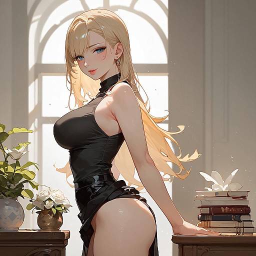 Blonde Anime Woman in Black Dress