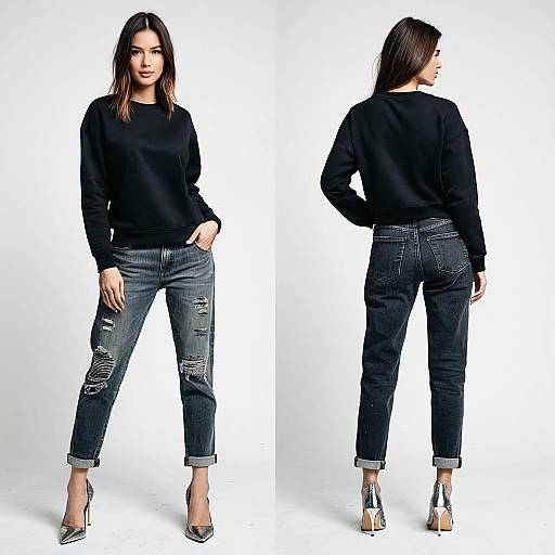 Stylish Woman in Black Sweatshirt and Acid Wash Jeans
