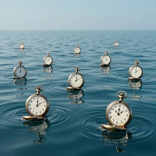 Photograph of nine silver pocket watches floating on calm, blue ocean water, each with different times, ripples around them.