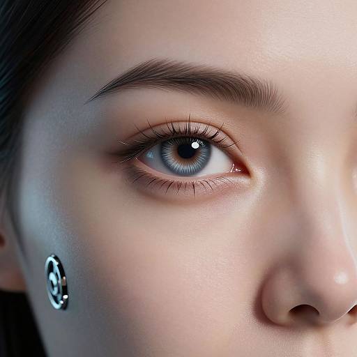 Close-up photograph of a fair-skinned woman's eye with a striking blue iris, dark brow, and silver hoop earring, highlighting detailed textures and
