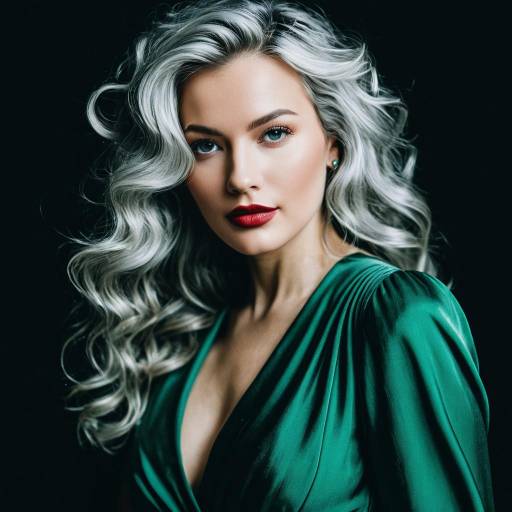 Woman with Wavy Silver Hair in Emerald Silk Dress