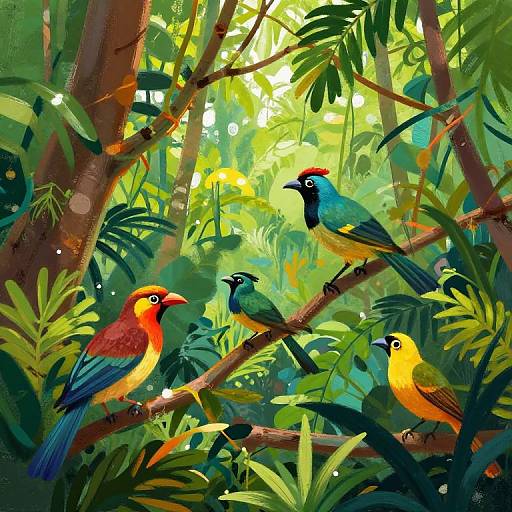 Vibrant digital illustration of colorful birds with red, blue, and yellow plumage perched on lush, sunlit jungle branches.