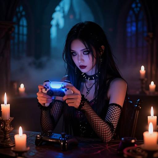 Gothic woman with black fishnet sleeves, collar, and long hair intently playing a glowing handheld game in a dimly lit, candlelit