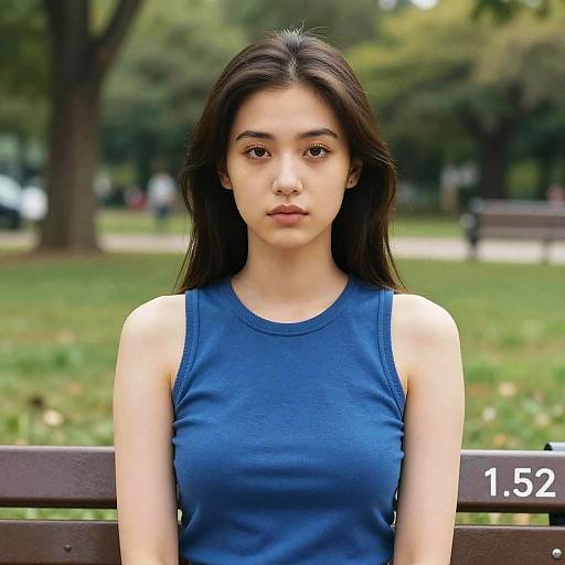 Photograph of a young Asian woman with long black hair, wearing a blue sleeveless top, sitting on a park bench, serious expression, blurred green