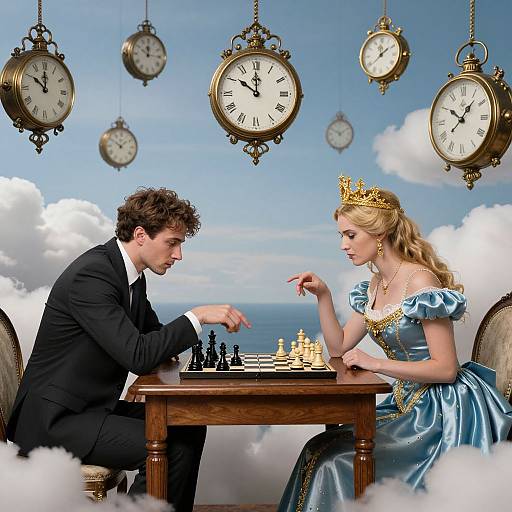 Photograph of a man in a black suit and a blonde woman in a blue princess dress, playing chess on a cloud-top table, surrounded by hanging