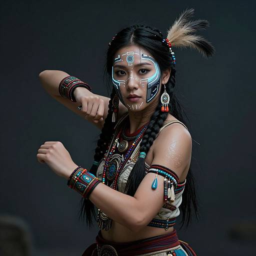 Photorealistic digital artwork of an Asian woman in Native American-inspired attire, with glowing white facial markings, braided hair, and feathered headpiece